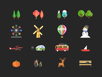 Season Icon Set airplane bench boat bus carousel deer hot air balloon penguin pumpkin snowman trees windmill