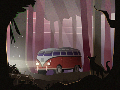 Kombi in the Woods cars dark forest kombi lights mushrooms nights scenery wolf wolves woods