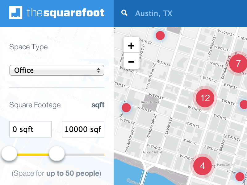 TheSquareFoot's New Search website thesquarefoot redesign launch responsive blue startup commercial real estate search map