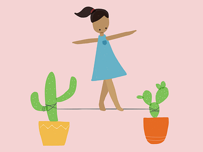 Tightrope girl balance cactus girl illustration paper app skills. tightrope walking