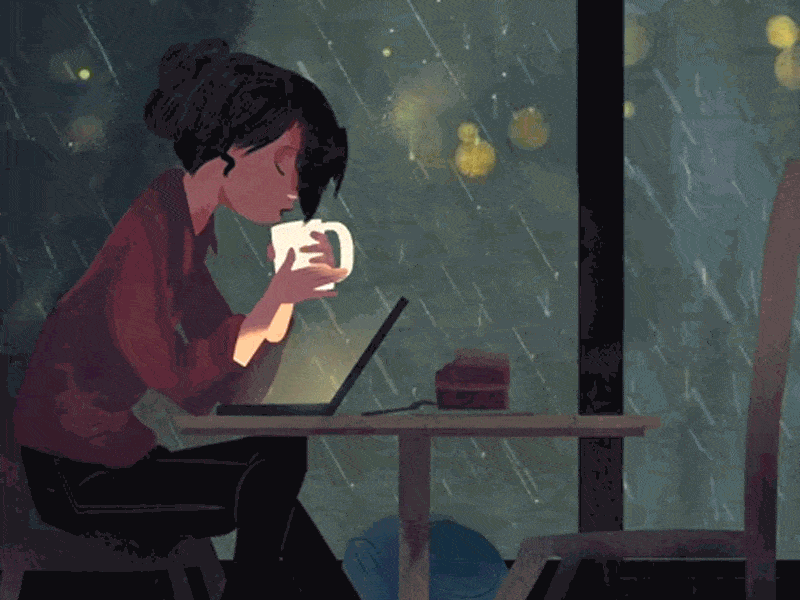 Coffee Night after effects animation coffee computer cup girl illustrator mood night photoshop rain rainy