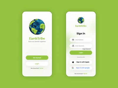 EarthTribe - Login Signup Screen branding graphic design green ui login login signup login signup screen signup ui uiux uiux design