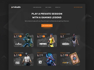 ProKudo black csgo dark dota fortnite gaming hearthstone influencer landing lol pubg ui warcraft