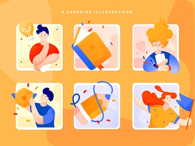 e-learning illustrations achievement app book digital e learning flat goal idea illustration orange school teacher