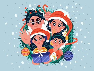 Merry Christmas with Family art background cartoon christmas colorful decoration design family gift graphic design happy hat illustration people snow tree vector xmas