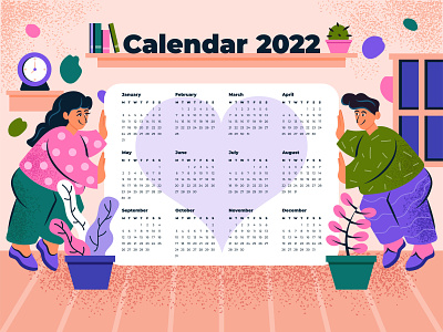 Couple in Love Calendar 2022 2022 background calendar calendar 2022 clock colorful couple design heart home house illustration leaf love man new year paper pot print woman