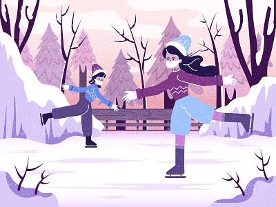 Skating on a Frozen Lake in The Forest art background branch cartoon christmas colorful design floor forest frozen ice illustration lake leaf people skate skating snow tree woman