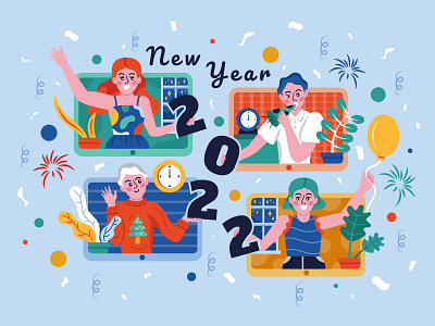Happy New Year 2022 2022 background calendar cartoon colorful confetti design dots fireworks graphic design happy happy new year horn illustration man new year people vector virtual woman