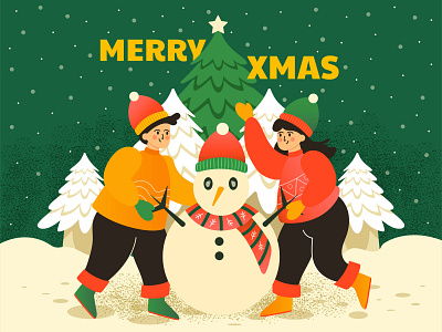 Children Playing with Snowman background boy cartoon children christmas colorful design girl graphic design happy illustration kid landscape merry christmas merry xmas people snow snowman tree winter