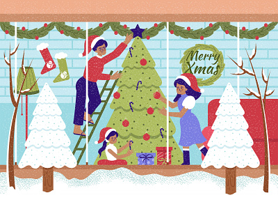 Christmas Preparation with Family activity background branch christmas colorful decoration design family happy home house illustration lamp leaf preparation season snow sofa tree wallpaper