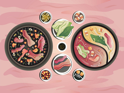 Sukiyaki and Barbeque on Table background barbeque bbq colorful design food graphic design illustration korea korean food meat pink shabu sukiyaki table texture top vector wood