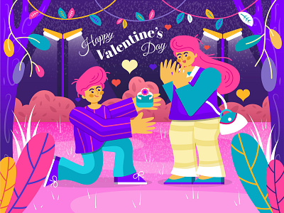 Man Proposing Woman On Valentine's Day art artwork background colorful couple design forest graphic design green heart illustration leaf love pink purple red tree valentine vector yellow
