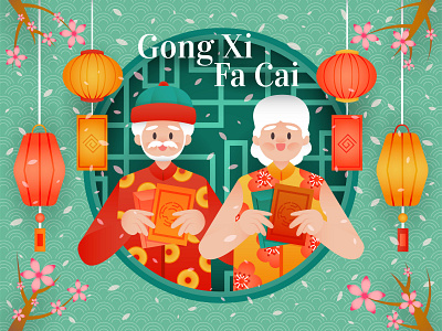 Gong Xi Fa Cai with Old Couple and Decoration asian background chinese chinese new year colorful couple design envelope flower gold gong xi fa cai graphic design green illustration imlek lantern old pattern people vector