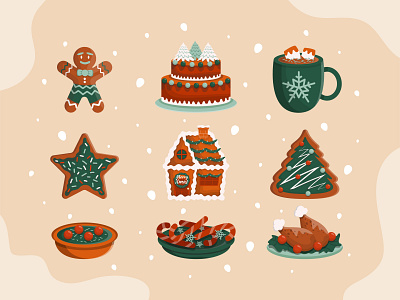 Christmas Food Icon Set background cake candy chocolate christmas colorful drink food ginger bread graphic design house illustration season snow soup star tree turkey vector winter