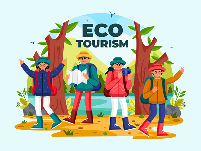 Hand Drawn Flat Ecotourism background colorful design ecotourism forest graphic design illustration people vector
