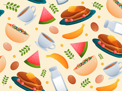 Breakfast Pattern background banana breakfast cereal coffee colorful design drawing drink food fruit graphic design illustration leaf milk pancake plate soft vector watermelon