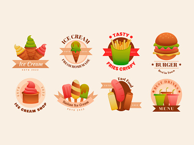 Food & Drink Gradient Label Collection Food american background branding burger colorful design drink food fries graphic design ice cream icon illustration label sticker vector