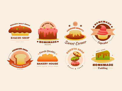 Food & Drink Gradient Label Collection Food background bakery branding bread cake colorful cupcake design dessert doughnut drink food graphic design illustration label media promotion pudding sticker vector