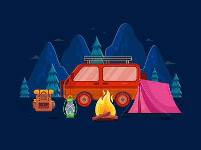 Summer Camp Hand Drawn Flat background camping car colorful design fire flat forest graphic design hiking illustration landscape mountain nature ui vector