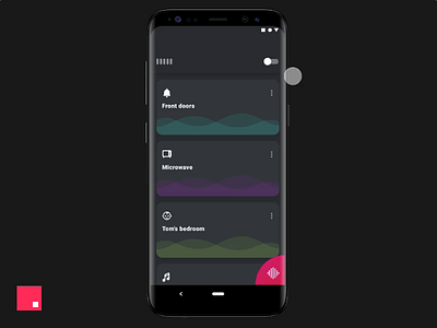 Sound Recognition android animation card dark dark theme fab home invision invision studio list material 2.0 material design mobile sound studio ui ux wave waveform waves