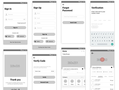 Recipe Mobile app wire frame android app high fidelity wireframe ios app mobile app design mobile wireframe personas product design prototyping recipe wireframe ui design user flow ux design visual design wireframe