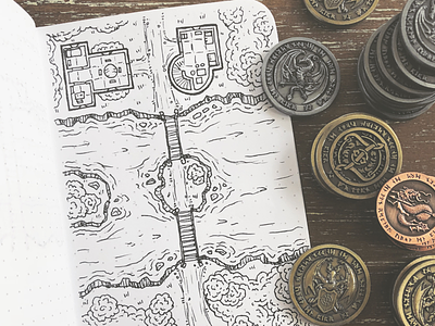 River crossing art coins dd doodle drawing dungeon map dungeons and dragons field notes map nerd pen sketch
