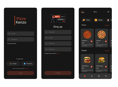 pizza kenzo app app dark design figma food login menu pizza sing up ui ux