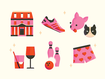 Perks of the Job beer bowling branding cat dog house icons illustration illustrations minimal pink red runner sneaker texture vector wine