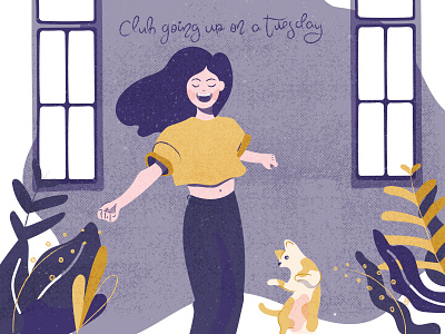 Club going up on a Tuesday cat dance dancing flat girl illustration mustard plants purple texture tuesday vector