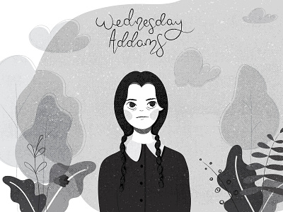 Wednesday Addams addams black cute flat halloween illustration lettering plants texture vector wednesday white