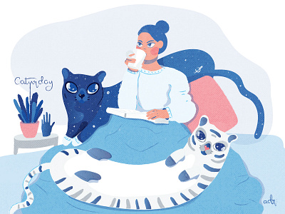Saturday Caturday bed caturday cozy cute flat galaxy girl illustration panther space tiger white