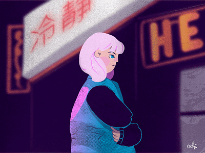 Neon Night bomber city flat girl jacket lights nights pink hair vector illustration