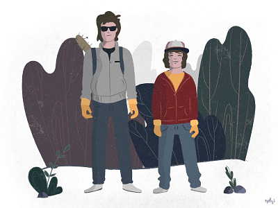 Steve and Dustin from Stranger Things 2 80s adventure bat character flat hunting illustration nature netflix trees vector woods