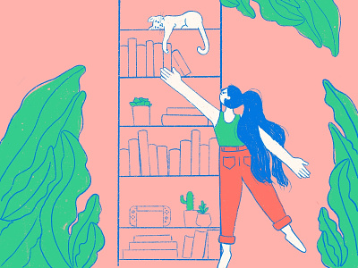 Top Shelf books cat character cute flat girl home decor illustration plants procreate texture