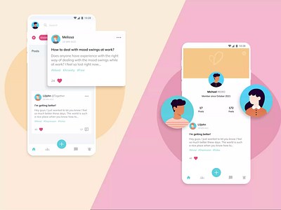 Mental Health Mobile App animation app calm chat community design feed interactive design mental health mobile mobile application posts profile relaxing reroot social social network support ui ux