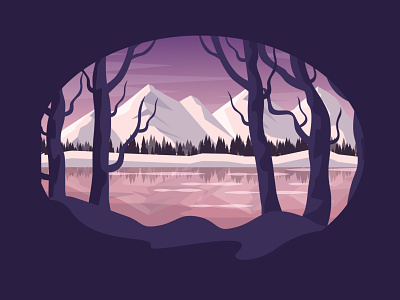 Winter landscape forest holiday illustration lake landscape mountains river snow sunrise sunset trees water winter woods