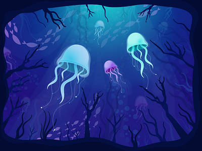 Under The Sea blue digital art fish illustration jelly jellyfish light ocean sea sea plant under the sea