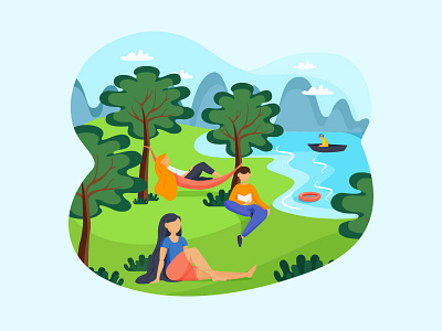 leisure outdoor activities boy character girl lake nature outdoor people relaxing summer tree