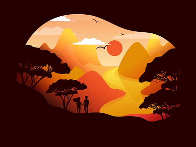 Sunset birds color couple hiking illustration lanscape lifestyle mountain outdoor panorama people silhouette spring sun sunset surise travel tree vector