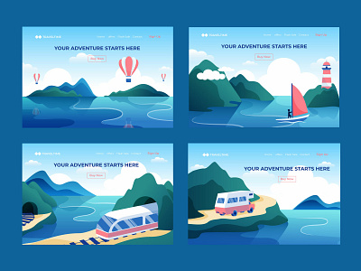 Illustrations for travel agency landing page agancy airbaloon boat bus car discover holiday landscape lighting house mountain road sea ship summer train travel trip vacation