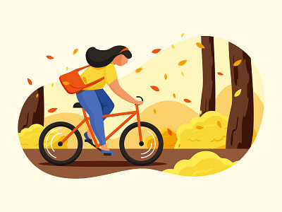 Autumn walk autumn back to shool bicycle character color fall girl girl character illustration leaf tree ui walk