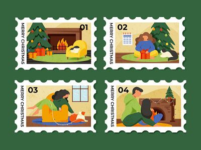 christmas stamp boy cat character christmas christmas card couple cozy decorations fireplace girl holiday illumination illustration new year present romantic stamps tree
