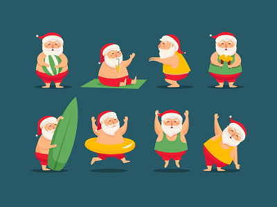 Santa characters beach character christmas holiday icecream new year presents resting santa sport summer surfing vaction winter workout