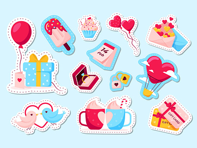 Valentine day stickers balloon birds calendar color couple cupcake cups gift gift card hear ice cream illustration locker love present ring sticker valentine valentine day