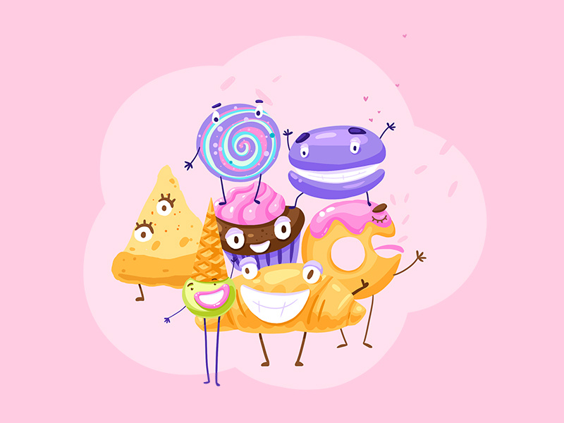 Tasty vector dessert cupcake candy croissant ice cream character design food sweets illustration