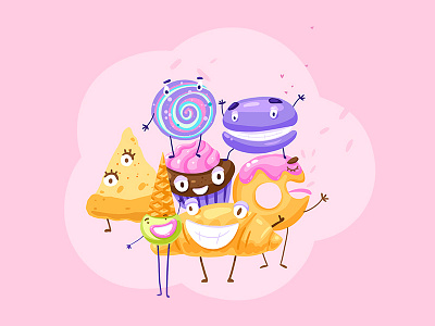 Tasty candy character design croissant cupcake dessert food ice cream illustration sweets vector