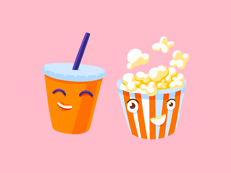 Soda and Popcorn theater snaks character design cute vector illustration movies friends date cinema popcorn soda