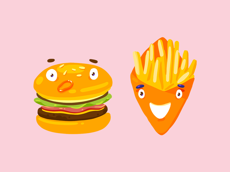 Burger and Fries friendship fries burger cute character design friends vector illustration fast food