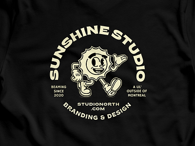 Sunshine Studio badge beige black branding cartoon character character design fabric illustration logo logotype merch retro retro design retro logo shirt smile studio studios sun