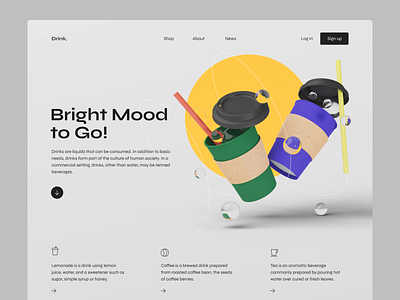 Bright Mood to Go! 3d blender coffee cup design drinks landing page ui uiux web website
